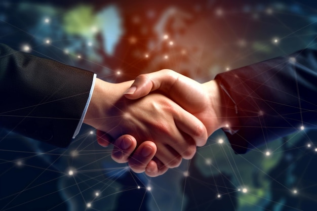 Obraz dwóch biznesmenów ściskających ręce na tle sieci