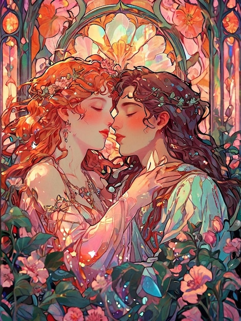 Obraz dwóch całujących się kobiet, a jedna z nich ma kwiat.
