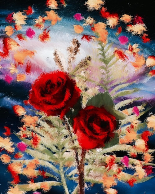 obraz dwóch czerwonych róż z słowem motyl na dole