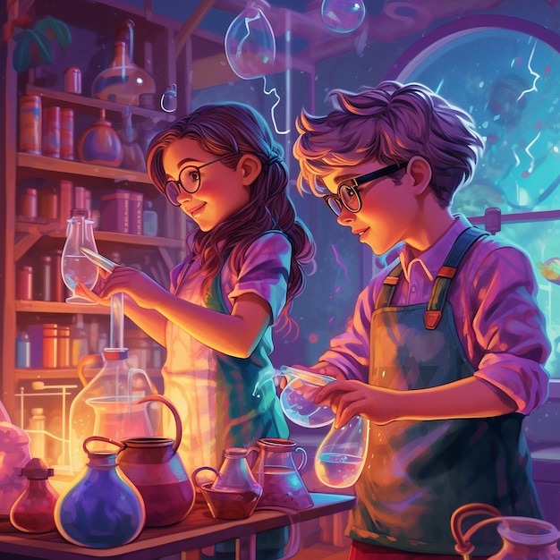 obraz dwóch dzieci w kuchni z dziewczyną noszącą okulary.