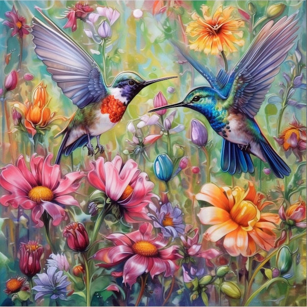 Zdjęcie obraz dwóch kolibri w locie z kolorowymi kwiatami w tle generatywny ai
