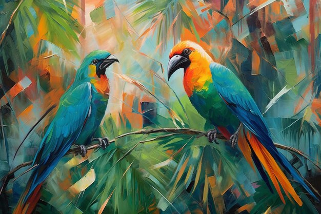 obraz dwóch kolorowych ptaków siedzących na gałęzi w lesie generatywny ai