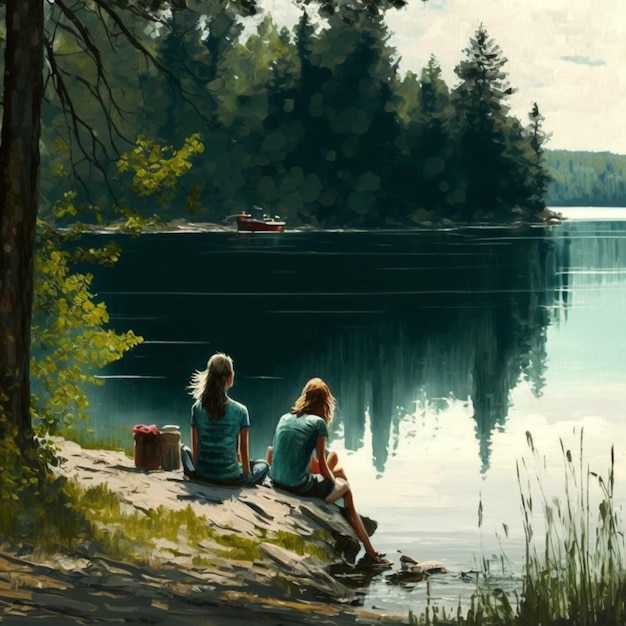 Obraz dwóch ludzi siedzących na skale przy jeziorze generatywny ai