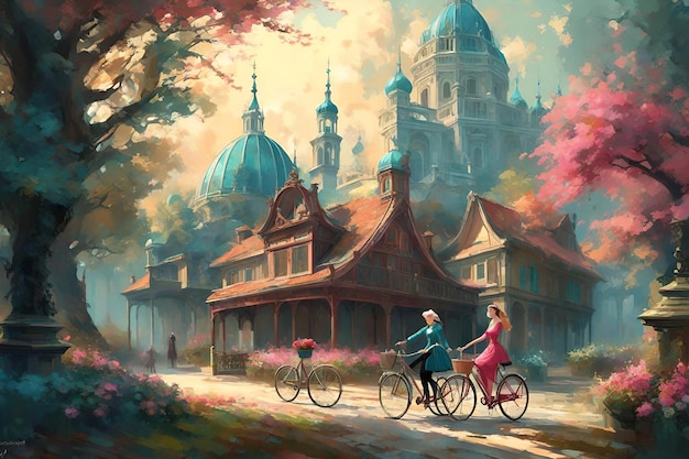 Obraz dwóch osób jadących na rowerach przed budynkiem z kościołem w tle.