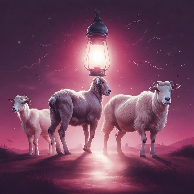 Zdjęcie obraz dwóch owiec i latarni z światłem na tle