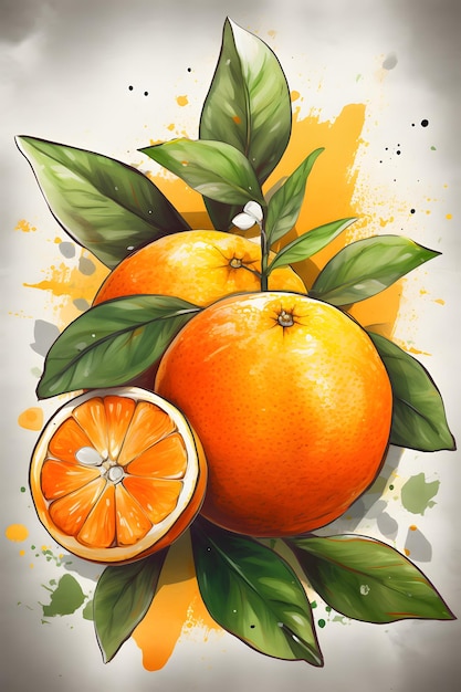 Obraz dwóch pomarańczy z liśćmi i plasterkiem pomarańczy na białym tle Generative AI