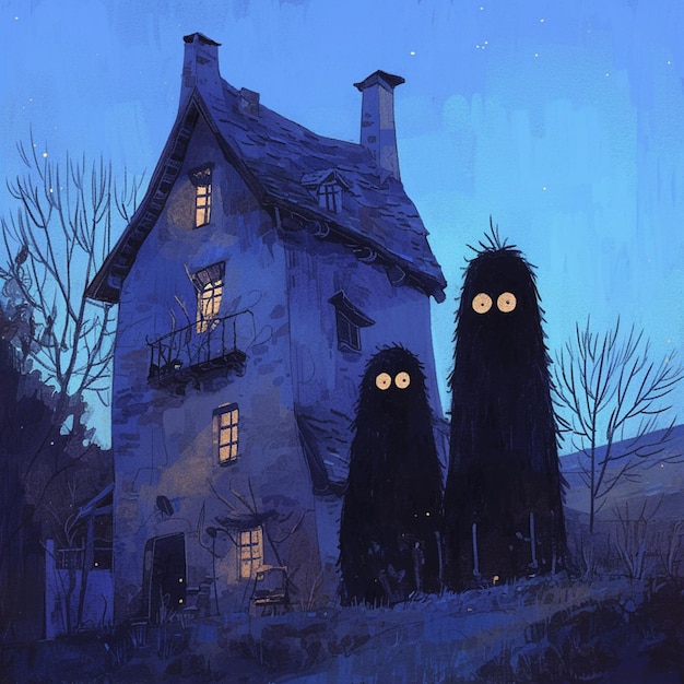 Zdjęcie obraz dwóch przerażających potworów stojących przed domem.