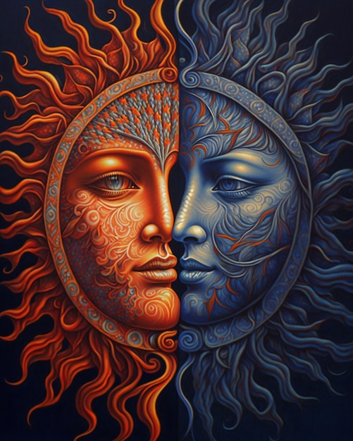 Obraz dwóch twarzy słońca i księżyca z twarzą kobiety generatywny ai
