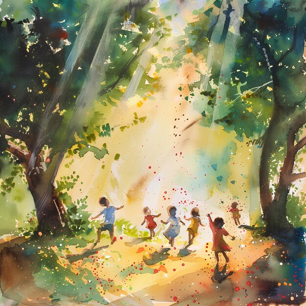 obraz dzieci bawiących się w lesie z drzewami i słońcem świecącym przez nie