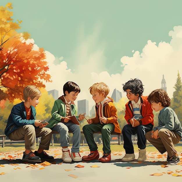 obraz dzieci siedzących na ławce z książką zatytułowaną Chłopcy