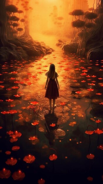 Obraz dziewczyny idącej przez jezioro z czerwonymi kwiatami generatywny ai