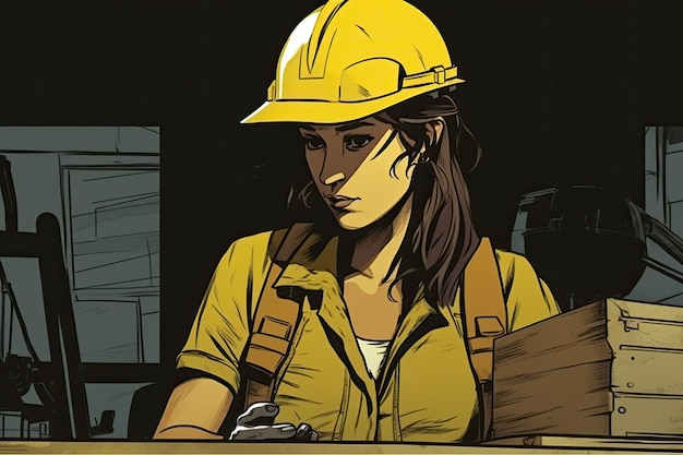 Obraz dziewczyny mechanika w żółtej kamizelce i żółtym hełmie w warsztacie