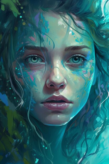 Obraz dziewczyny o zielonych włosach i niebieskich oczach.