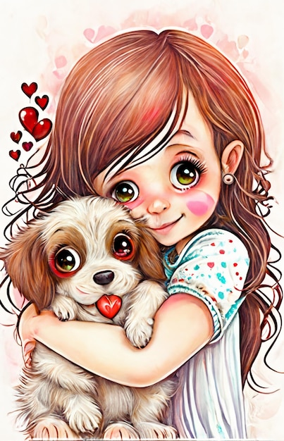 Zdjęcie obraz dziewczyny uściskającej szczeniaka z sercami na twarzy generatywny ai