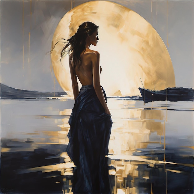 Zdjęcie obraz dziewczyny w czarnej sukience stojącej w świetle księżyca