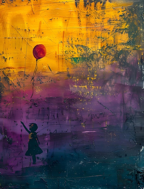 Obraz dziewczyny w naturalnym krajobrazie trzymającej czerwony balon o świcie