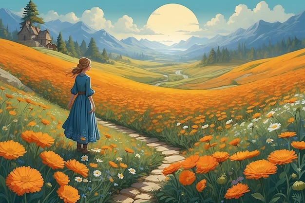 obraz dziewczyny w niebieskiej sukience i ścieżka z kwiatami