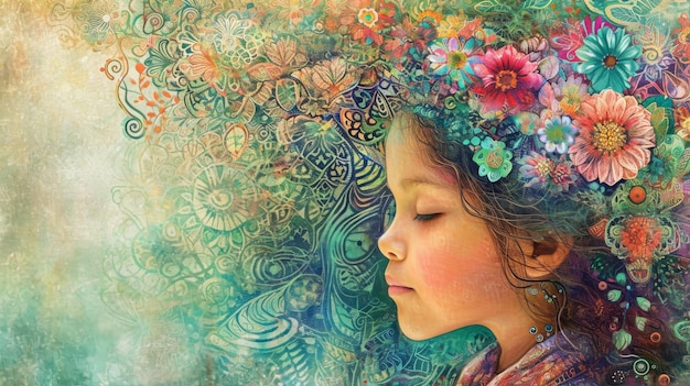 Obraz dziewczyny z kwiatami we włosach i zamkniętymi oczami