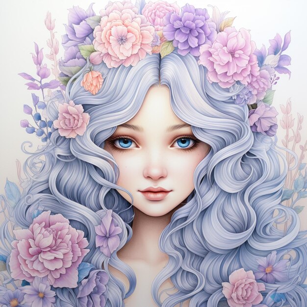 obraz dziewczyny z niebieskimi włosami i kwiatami w jej włosach generatywny ai