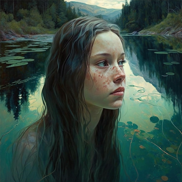 Obraz dziewczyny z piegami i piegami na twarzy siedzi w jeziorze.