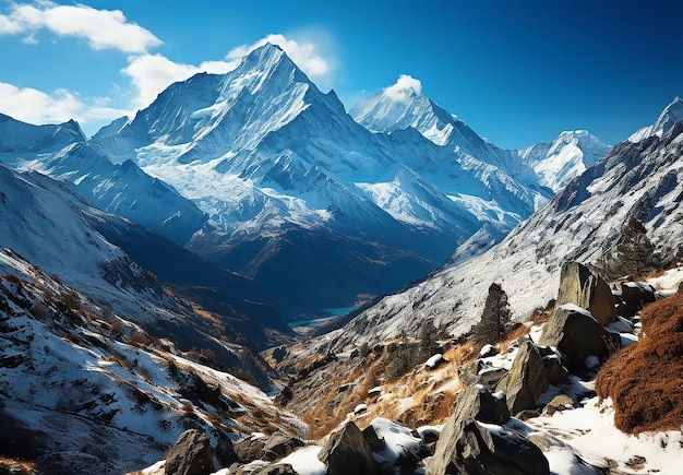 Obraz Everestu wznoszącego się za błękitnym niebem