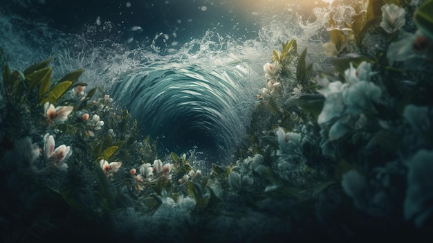 obraz fali na oceanie otoczonej bukietami kwiatów