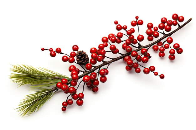 Obraz gałęzi z jagodami i małym stożkiem sosny w stylu dekoracji bożonarodzeniowej na białym tle przez AI generatywną