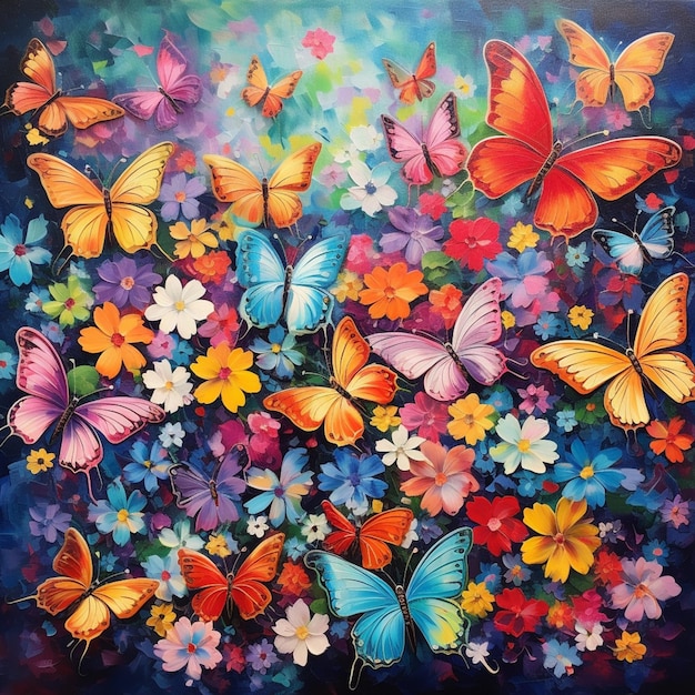 obraz garstki motyli latających nad kolorowym polem kwiatowym generatywny ai