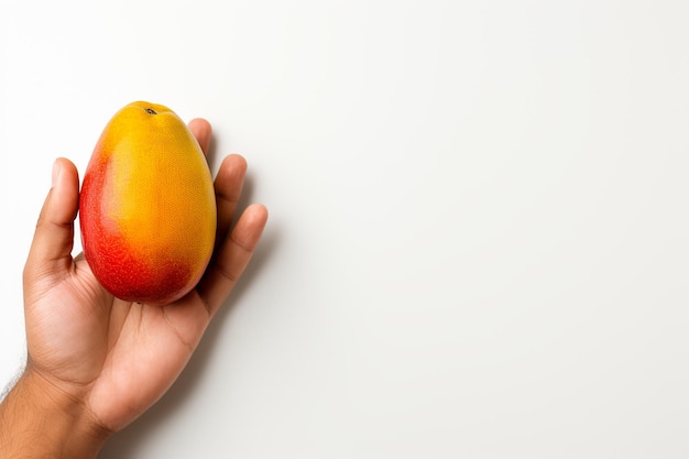 Obraz generatywnej AI dłoni trzymającej owoce mango z pustą przestrzenią na na białym tle