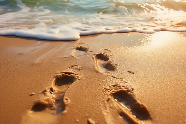 Obraz generatywnej AI przedstawiający parę śladów na piasku na plaży