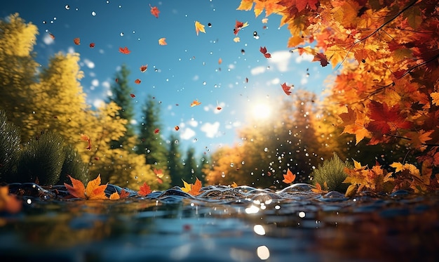 Obraz generatywnej sztucznej inteligencji jesiennych liści klonu latających w świetle słonecznym