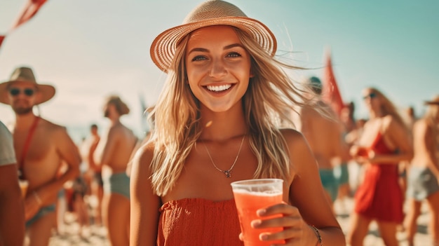 Obraz generatywnej sztucznej inteligencji przedstawia radosną dziewczynę pijącą w otoczeniu znajomych podczas imprezy na plaży