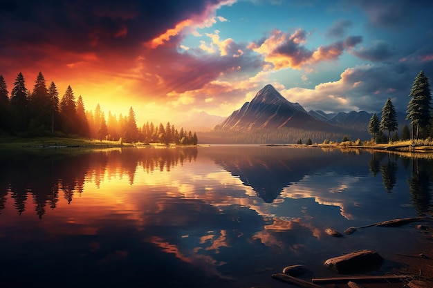Obraz generatywny AI szerokiego widoku na jezioro z górami o zachodzie słońca