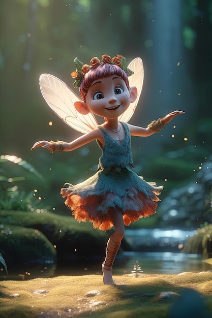 Zdjęcie obraz generowany przez ai adorable młodych wróżka szczęśliwy taniec na ścieżce w lesie