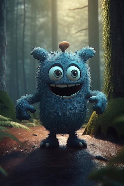 Obraz generowany przez AI Cute młodych szczęśliwy potwór na ścieżce w lesie