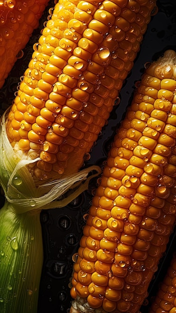 Obraz generowany przez AI Kłosy kukurydzy kroplami wody
