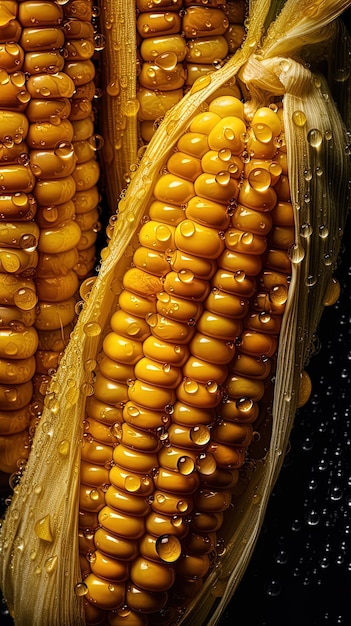 Obraz generowany przez AI Kłosy kukurydzy kroplami wody