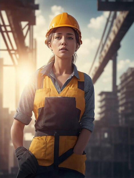Obraz generowany przez sztuczną inteligencję Portret kobiety w żółtym kapeluszu pracownika i mundurze