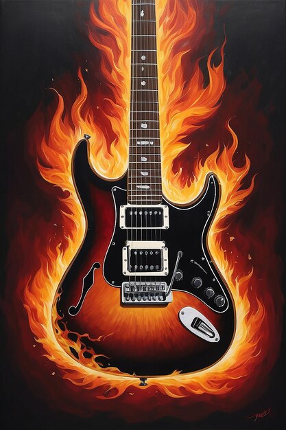 Obraz gitary z płomieniami na niej