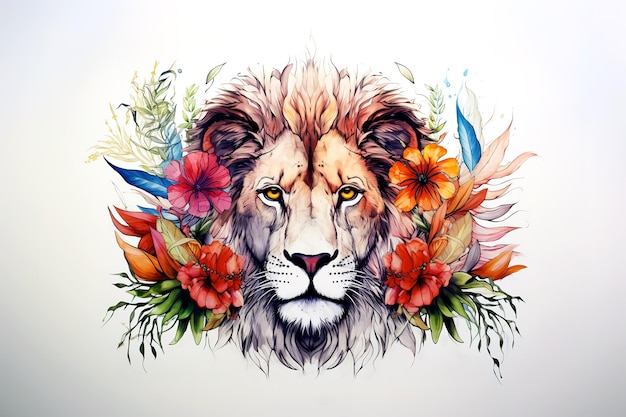 Zdjęcie obraz głowy lwa z kolorowymi tropikalnymi kwiatami na białym tle dzikie zwierzęta