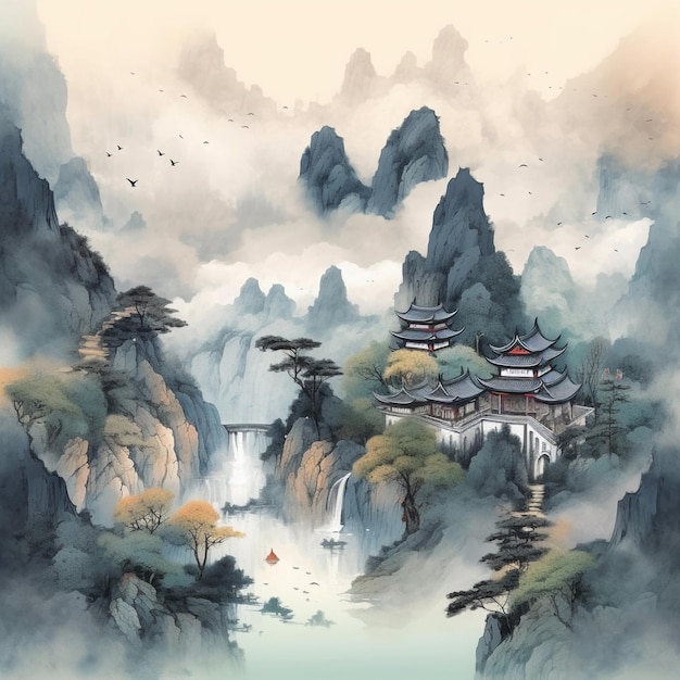 Obraz górskiego krajobrazu chińskiej kaligrafii akwareli