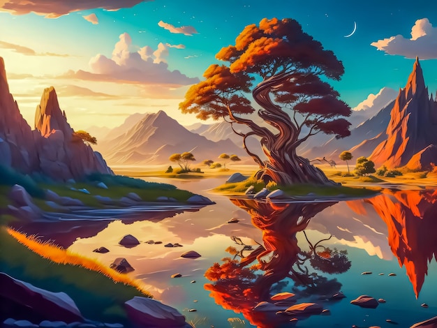 Obraz góry i drzewa z księżycem w tle