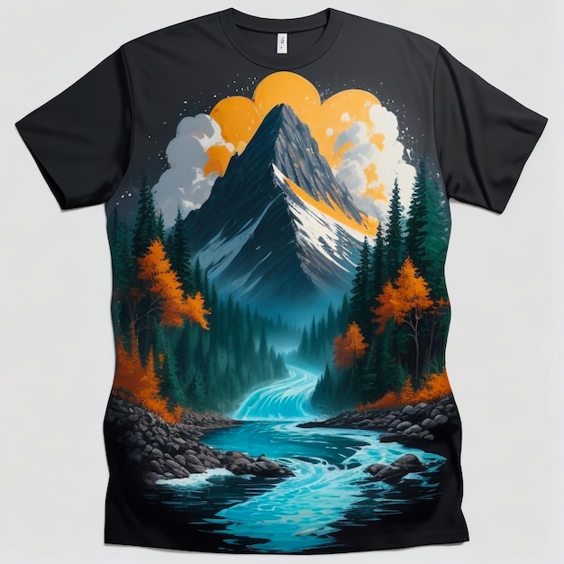 obraz góry z drzewami i wodą nadrukowany na koszulce