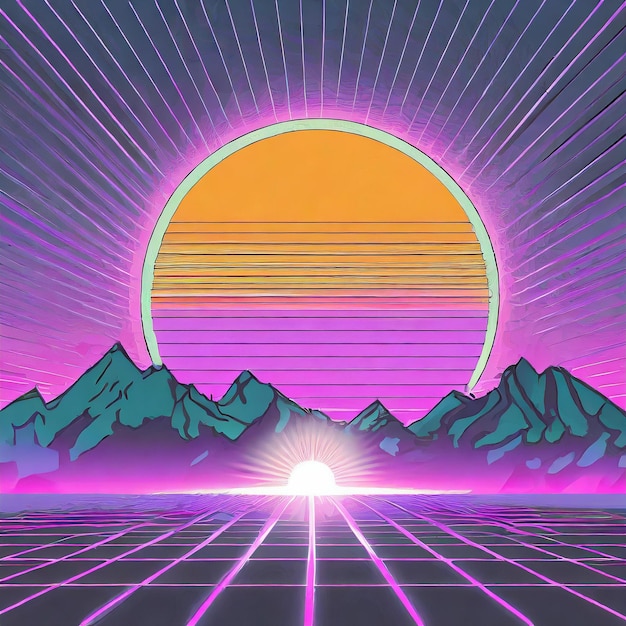 Obraz góry z słońcem w środku w futurystycznym stylu retro