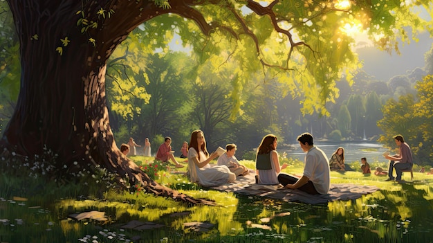 Obraz grupy ludzi siedzących pod drzewem w parku.
