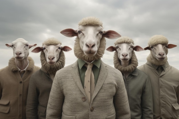 Obraz grupy ludzi z głowami owiec w garniturach biznesowych na tle szarego nieba