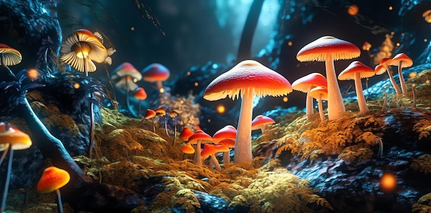 Obraz grzybów w ciemnym lesie