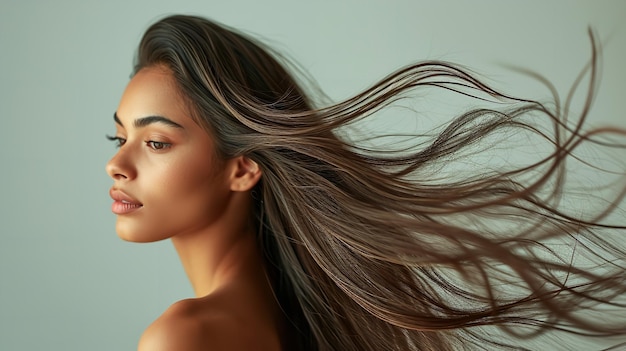 Obraz indyjskiej kobiety z długimi falistymi włosami na czystym tle Generatywna AI