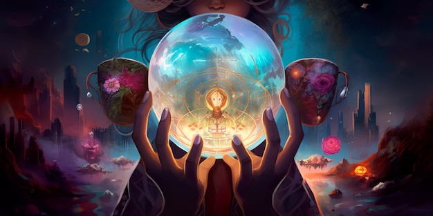 Obraz inspirowany kartami tarota przedstawiający postać w koronie trzymającą świecącą kulę otoczoną surrealistycznymi krajobrazami i symbolami Generacyjna sztuczna inteligencja