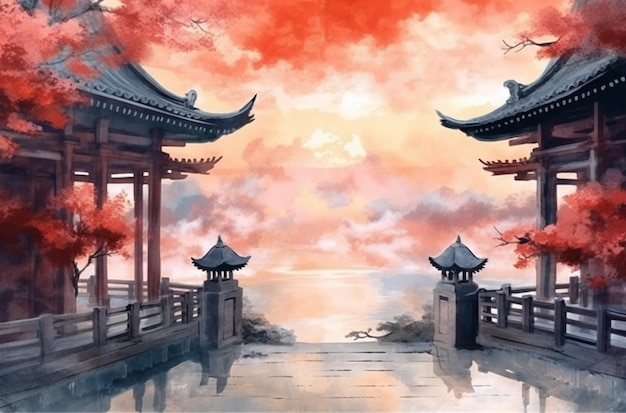 Obraz japońskiego krajobrazu z pagodą i jeziorem generatywny ai